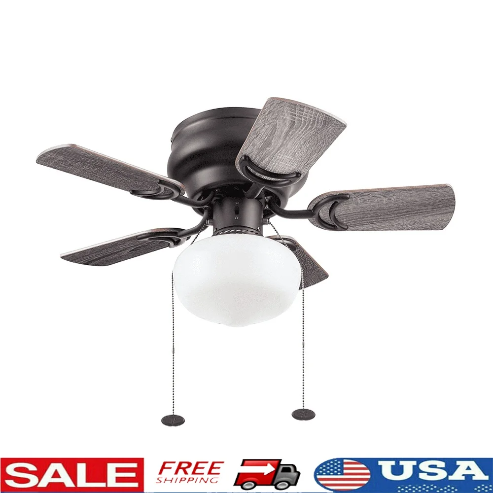 مروحة سقف برونزية مقاس 28 بوصة مع سلاسل سحب LED خفيفة قابلة للتعتيم، شفرات قابلة للعكس، تصميم منخفض المستوى للاستخدام الداخلي