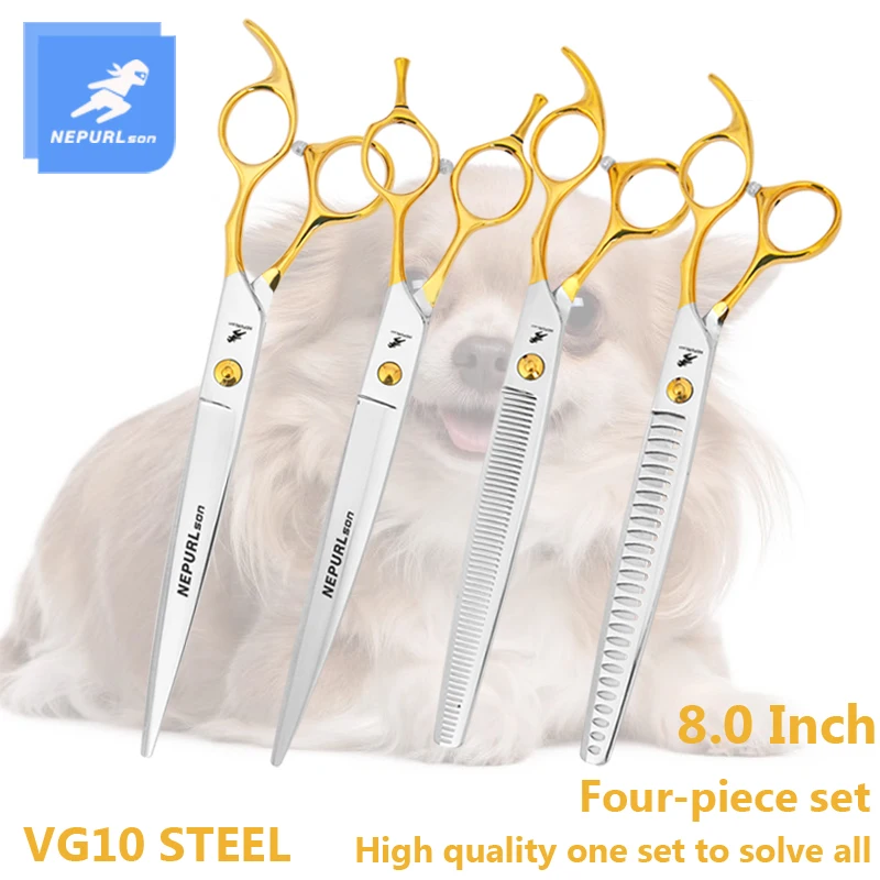 

Professional 8.0 INCH Pet Scissors Straight&Thinning&Curved&Chunker Grooming Shears Tool Set For Dog Grooming High JP VG10 Steel