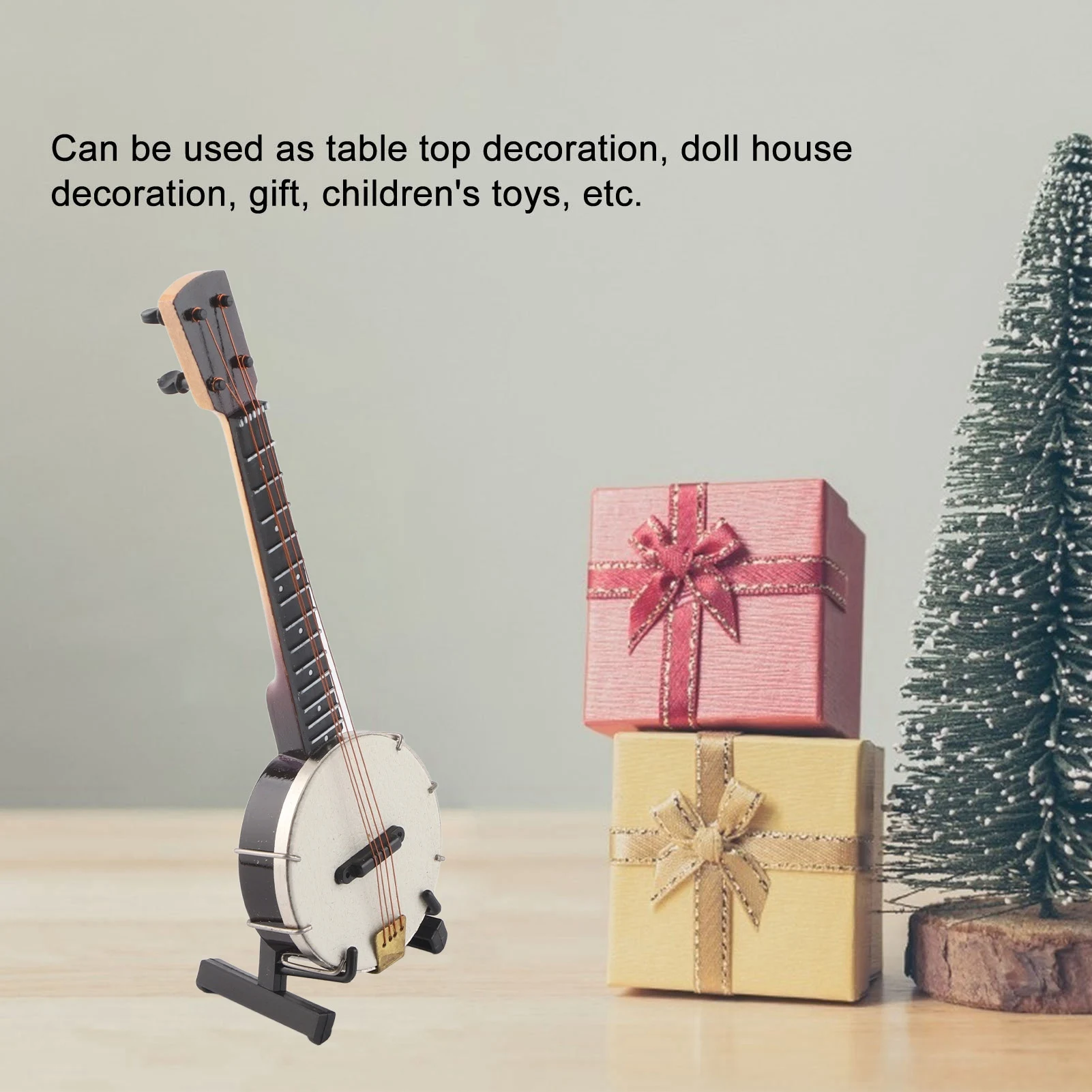 Miniature Banjo Model Lifelike Smoother Surfaces Dollhouse Accessories With Bracket Storage Box For Gifts Home Decoration