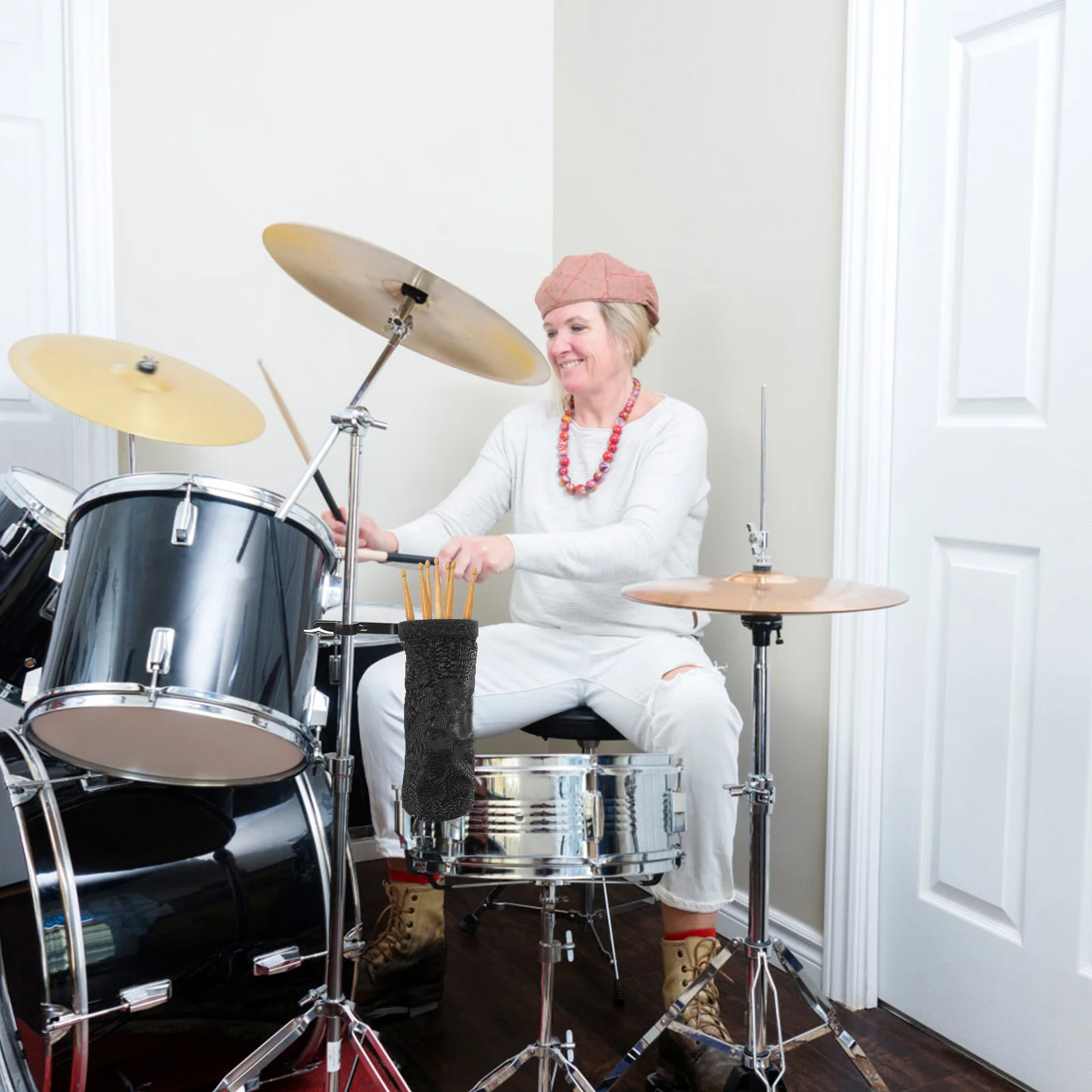 Stylowy pokrowiec na pałeczki perkusyjne, wodoodporny, lekki, łatwy do przenoszenia, możliwość zawieszenia na ścianie, odpowiedni dla perkusistów, świetny pomysł na prezent.