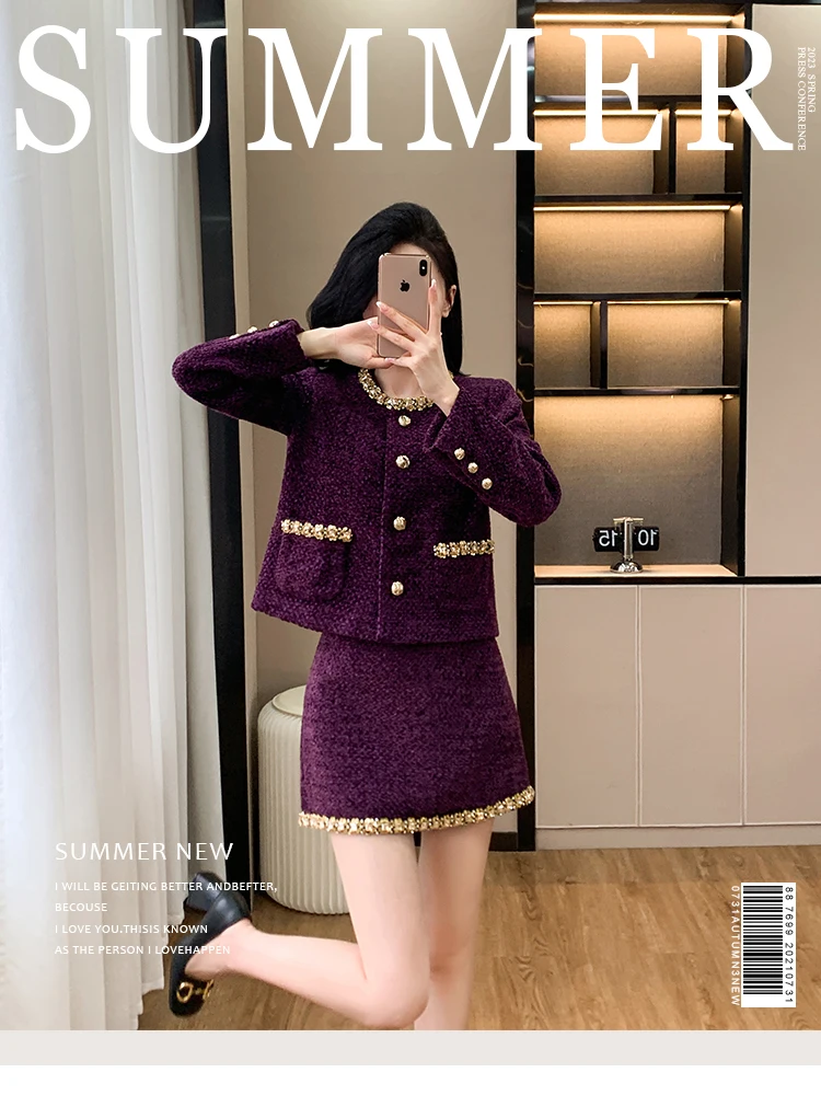 Luxury Brand Purple 2 Piece Set For Women Fall Winter Diamonds Jacket Coat+Mini Skirt Suits Elegant Fashion Womens Office Outfit