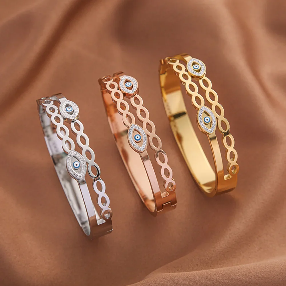 

Stainless Steel Cuff Bracelet Women Devil Eye Gold Color Bangles Hollow Chain Shape Double Layer Wristband Jewelry Accessories