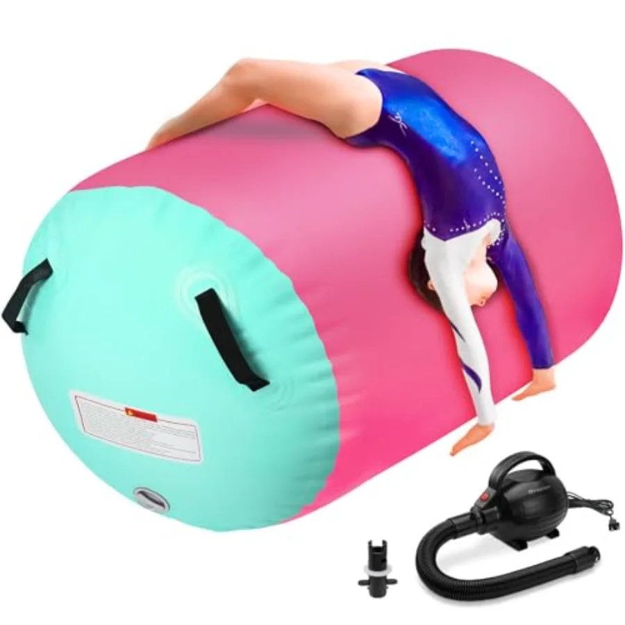 Inflatable Gymnastics Air Roller Barrel for home outdoor gym training cheerleading yoga; PVC material blue; quick-inflate with
