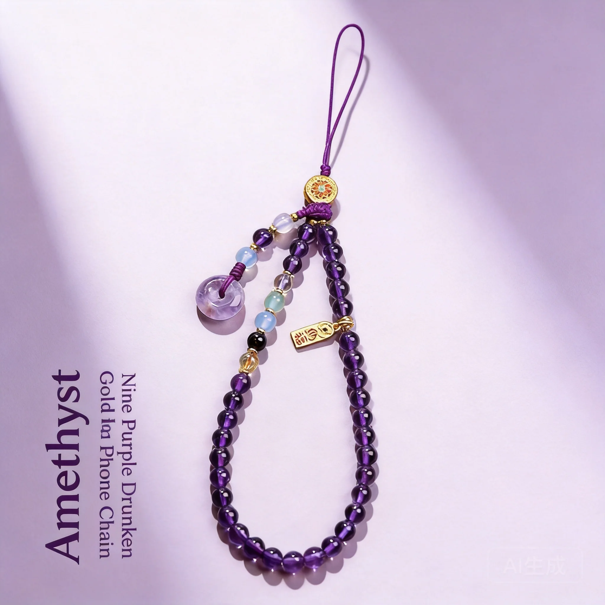 Chinese Style Lucky Blessing Amethyst Phone Wrist Lanyard Fortune Attracting Wealth Synthetic Crystal Phone Charm For Bag Camera