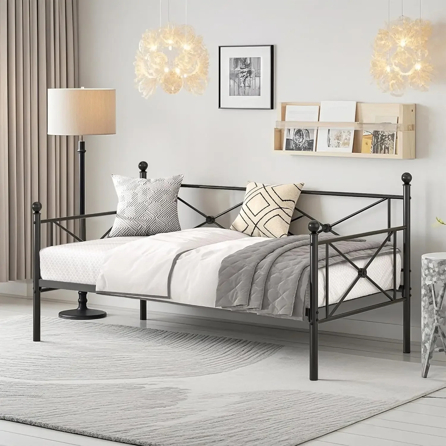 Twin Daybed Frame, Metal Day Bed with Stylish Headboard, Multifunctional Platform Beds for Bedroom, Living Room, Guest Room, No