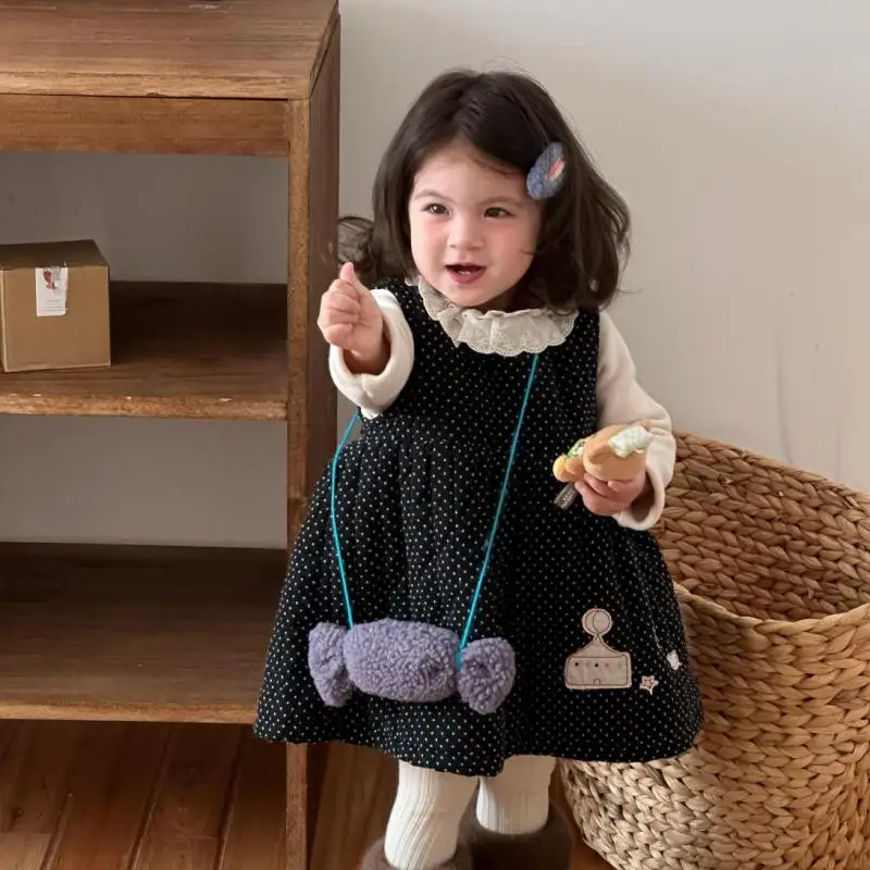 

2025 Winter New Baby Sleeveless Warm Dress Cotton Infant Girls Thick Polka Dot Vest Dress Toddler Sweet Princess Dress