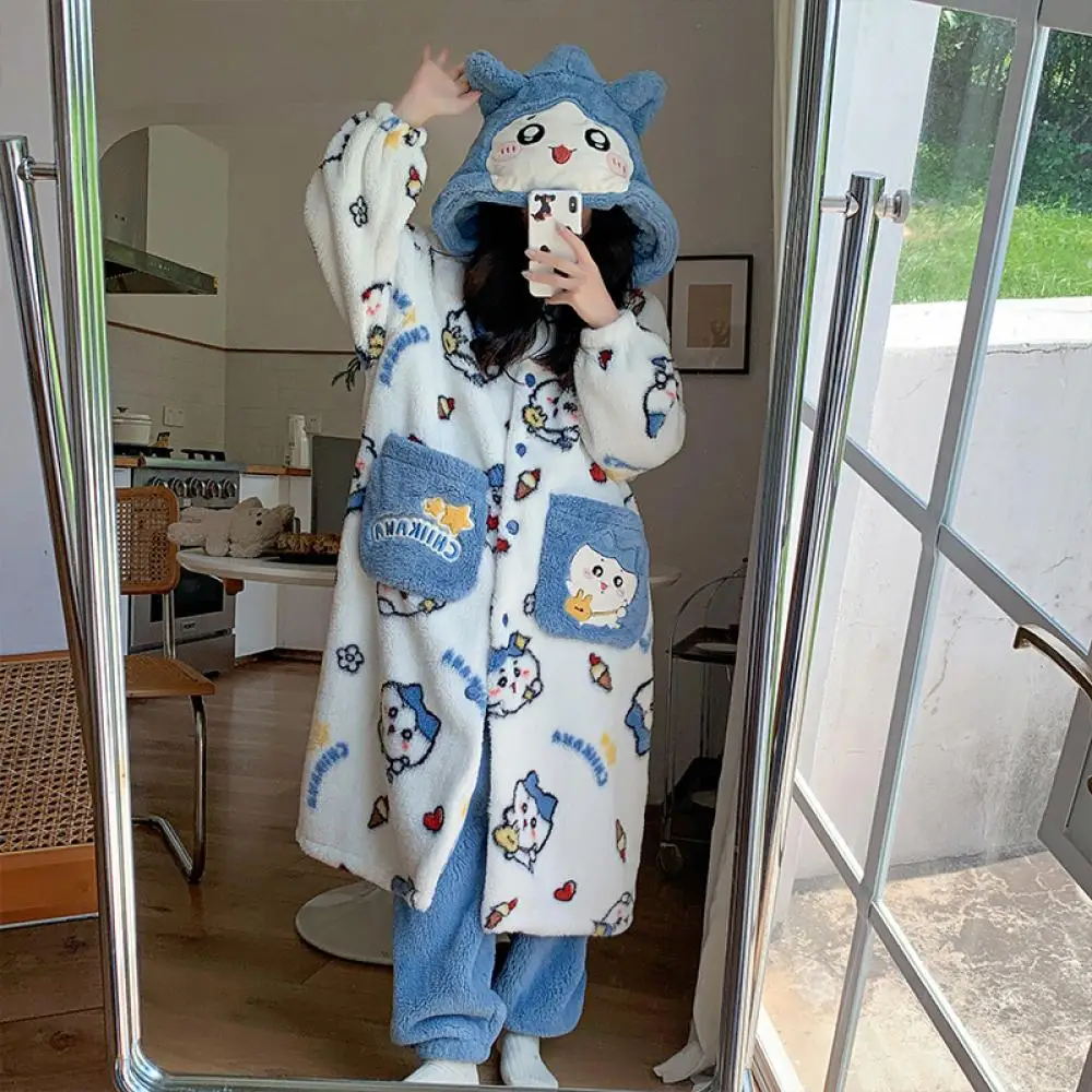 2 pçs conjunto de pijamas de pelúcia kawaii chiikawa feminino coral veludo inverno longo veludo engrossado roupão gato com capuz roupas de casa de pelúcia
