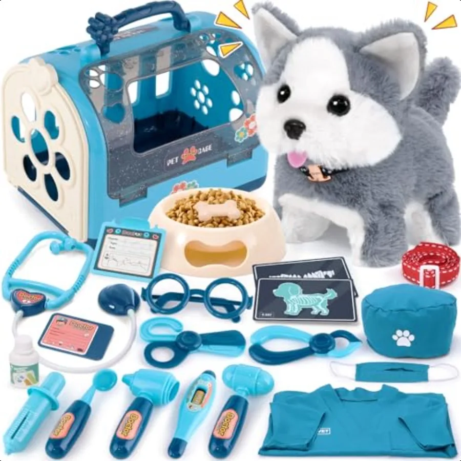 

22Pcs Dog Toys for Vet Doctor KitWalking Barking Electronic Interactive Husky Dog Toy Veterinarian Playset for Pretend Play Bir