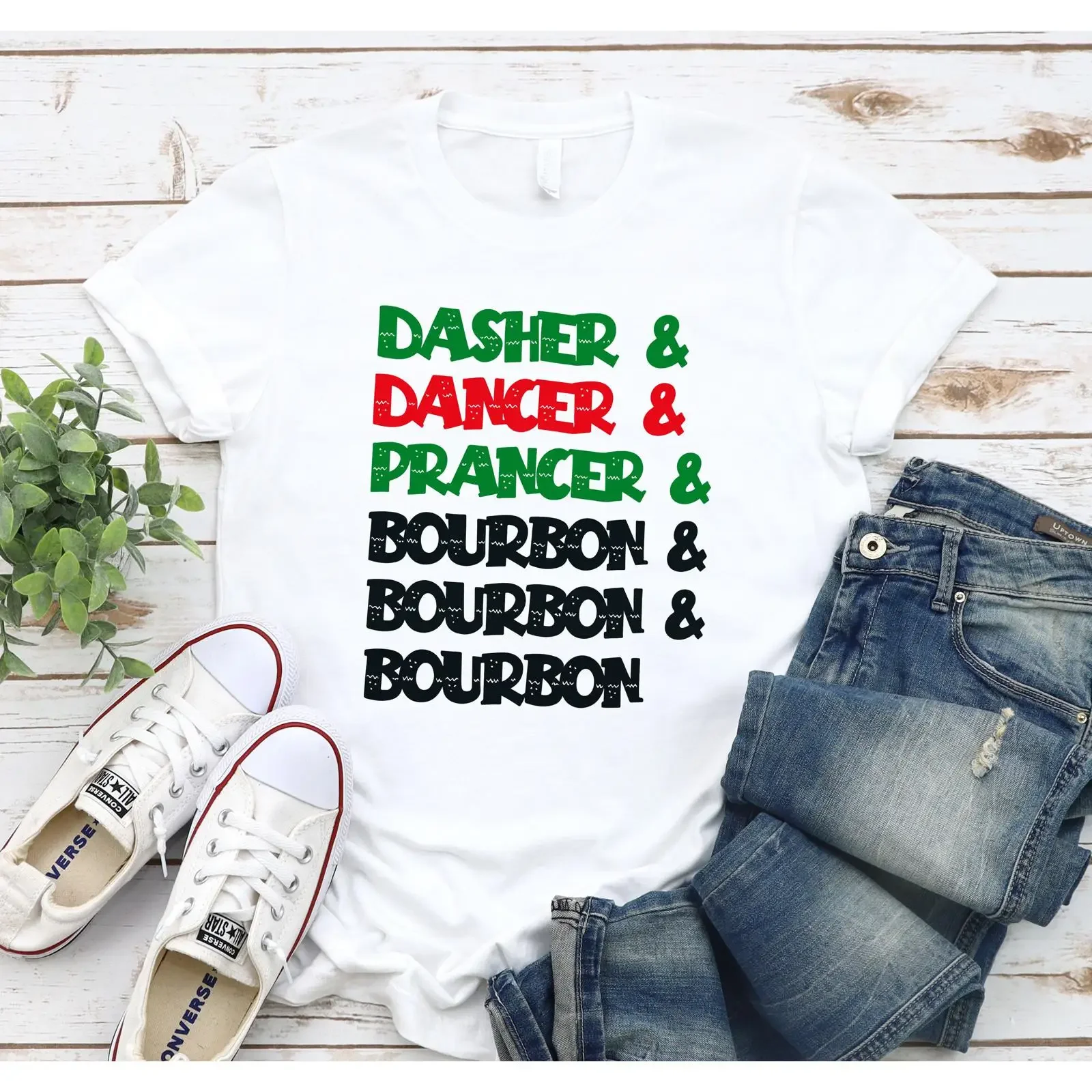 Dasher Dancer Prancer Bourbon Christmas Funny Holiday T Shirt vintage Washed Top For Everyday Wear Breathable Comfortable