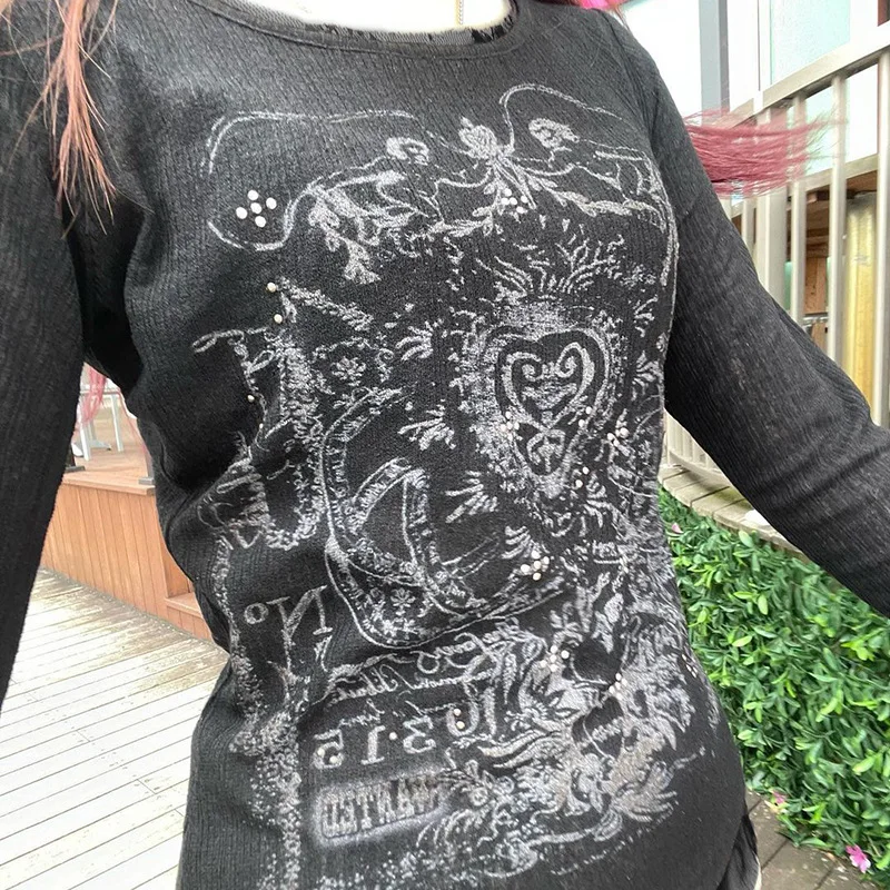

Sweet Girlish Printed Lace T-Shirt For Autumn, Slim Fit And Versatile Casual Wear, Age Reducing Long Sleeved Women's Shirt