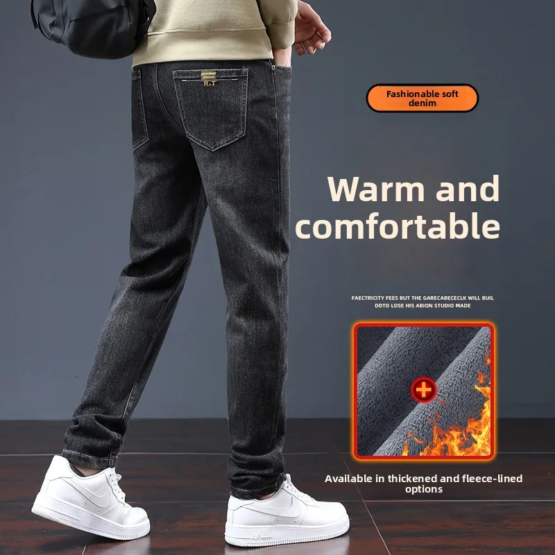 

Мужские зимние джинсы Thiened Fce, прямые, теплые, эластичные, из хлопка, длинные брюки, цвет «камень», с микроэластичностью, средняя посадка