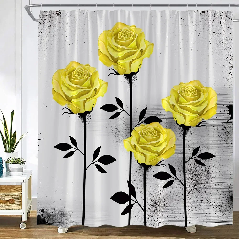 Yellow Rose Flowers Shower Curtains Black Plants Leaves Painting Art Floral Modern Fashion Woman Bathroom Decor Bath Curtain Set