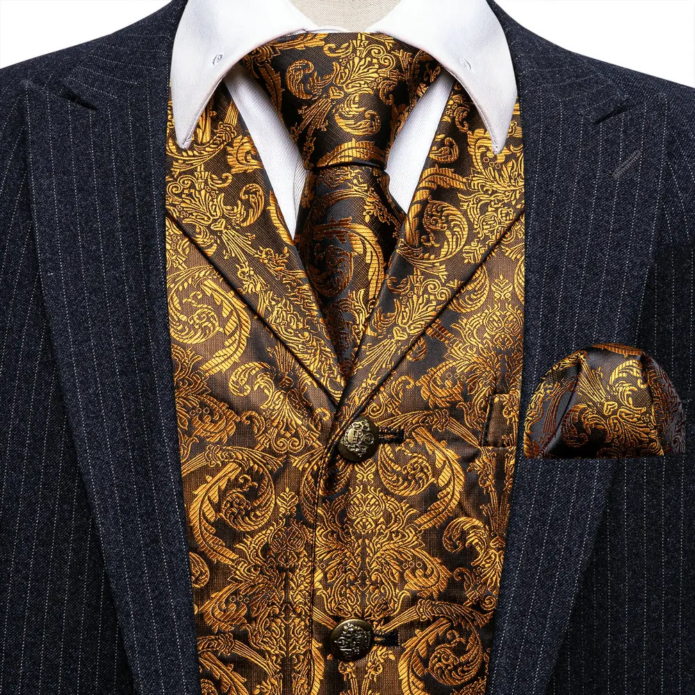 S-3XL Business Herren Anzug Weste Revers V-ausschnitt Seide Casual Gold Paisley Weste Casual Formale Groomsman Jacke Für Männer Hochzeit