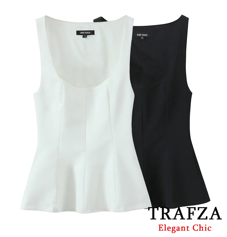 TRAFZA Women Elegant Skirt Hem Tops Square Neck Sleeveless Top New 2025 Fashion Spring Summer High Street Casual Simple Tops