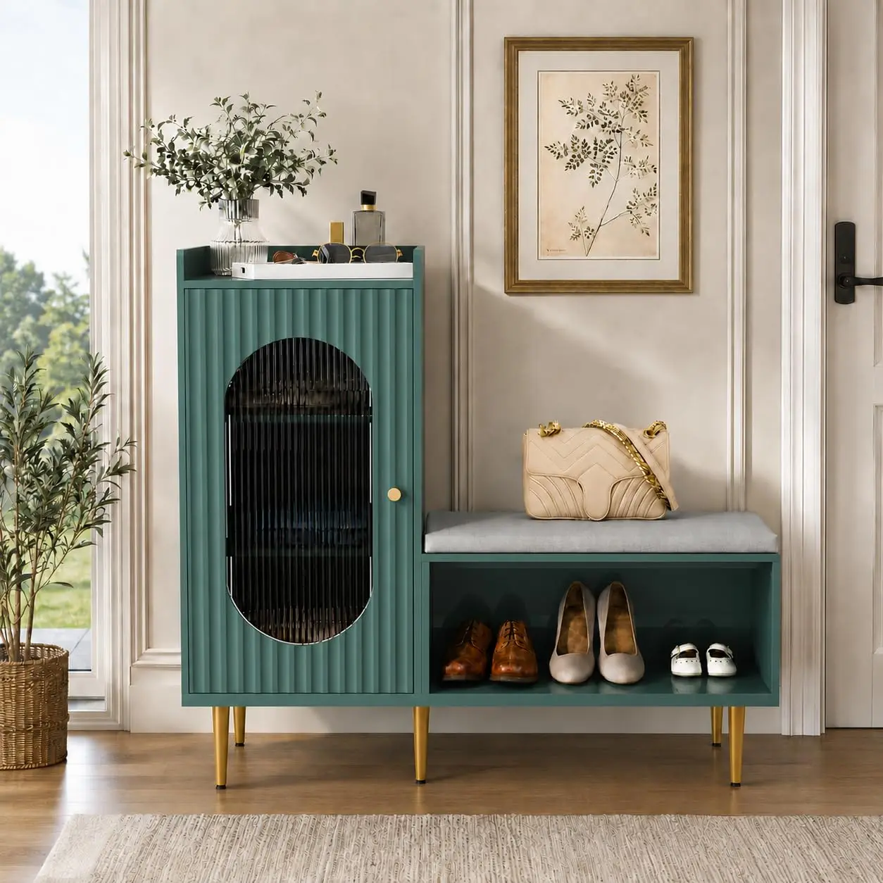 L-Shaped Shoe Storage Bench with Glass Door & Shelf, Green, Customized
