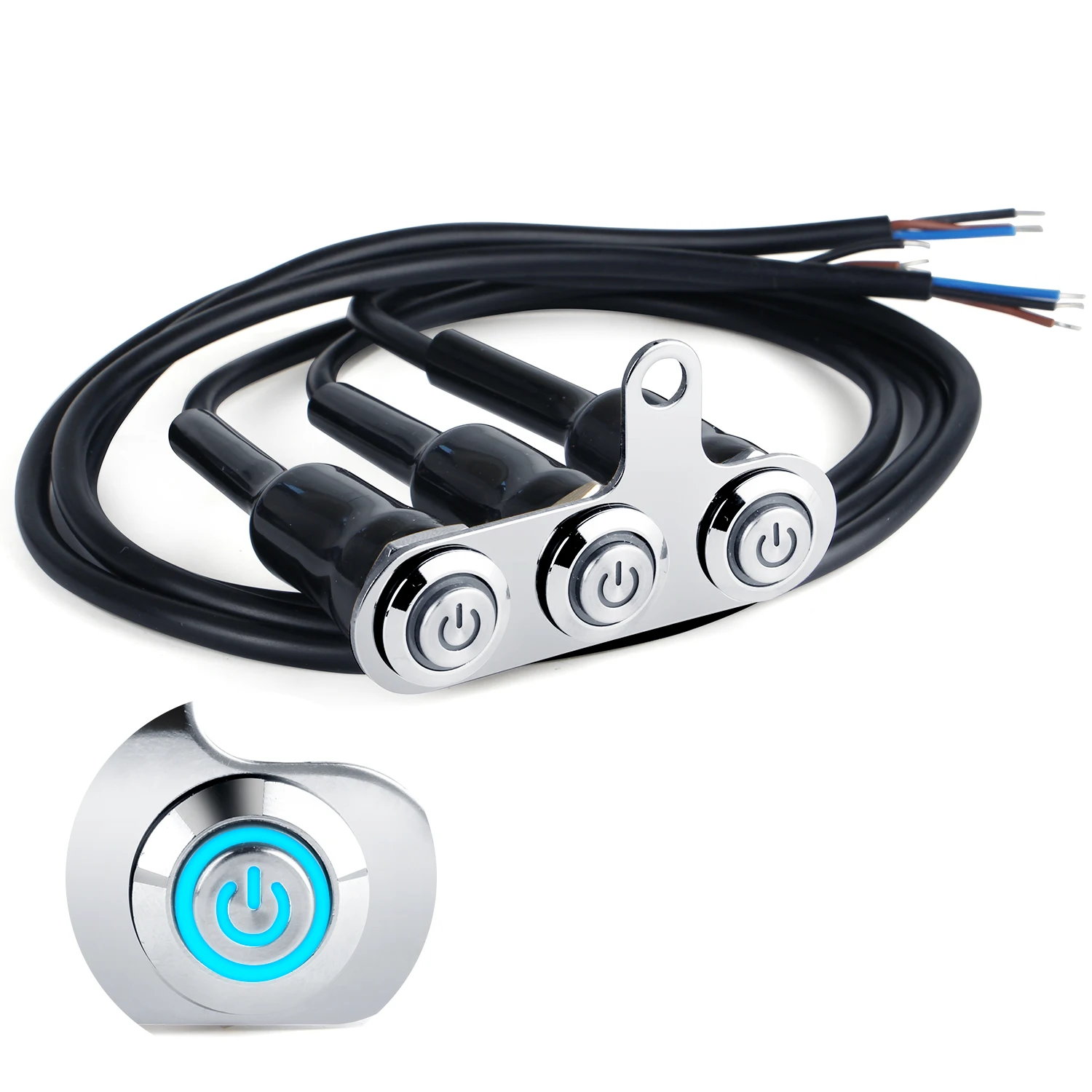 Blue LED Motorcycle Handlebar Switches - 12V Stainless Steel with Fog Light Control Button, Fit for Street Touring Bikes