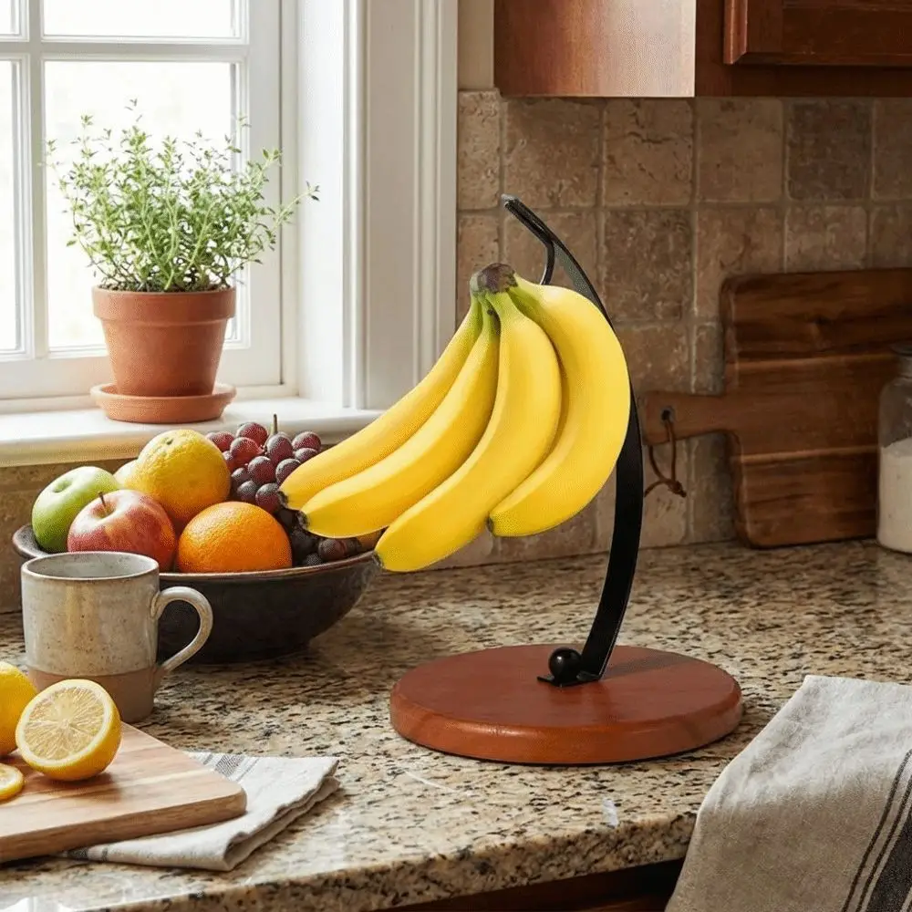 Draining Metal Banana Holder Stable Stand With Wood Base Fruit Storage Holder Hanging with Hook Banana Hanger Rack Home Use view 3