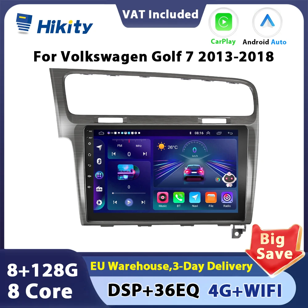 Hikity 2 din Android Car Radio Carplay For Volkswagen Golf 7 2013 2014 2015-2018 Android Auto Stereo Radio  Navigation GPS WIFI