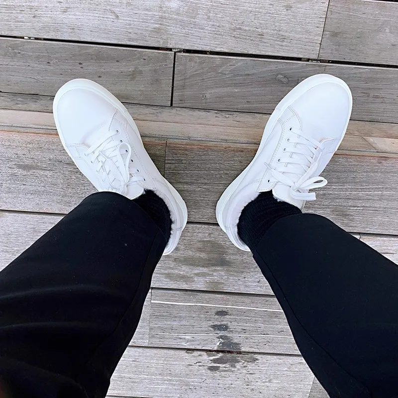 JINIWU 2026 Winter Wool Lined White Sneakers for Men, Handmade Cow Leather Thick Sole Elevated Casual Lace Up Skate Shoes