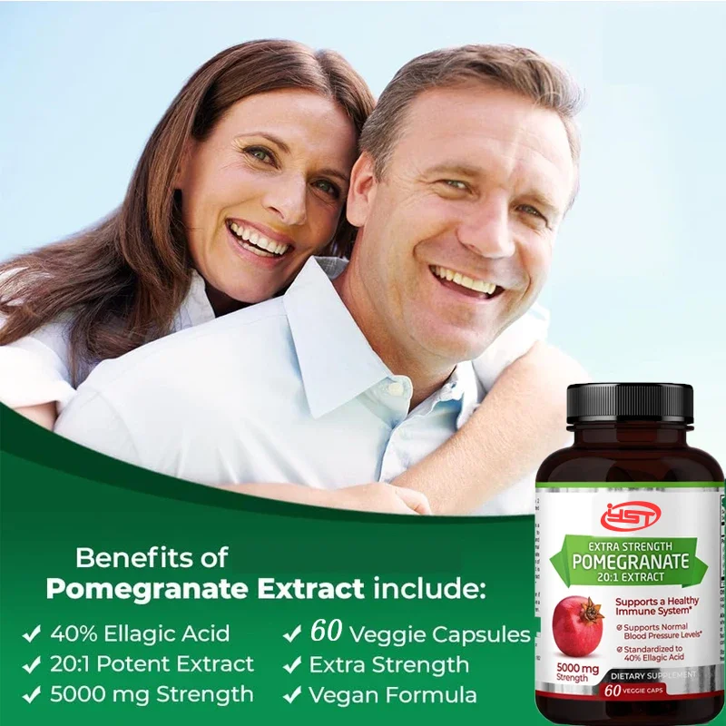 Pomegranate 20:1 extract,5000 MG strength, 40% folic acid, 60 vegetarian capsules, 1 month supply, concentrated 20 times extract