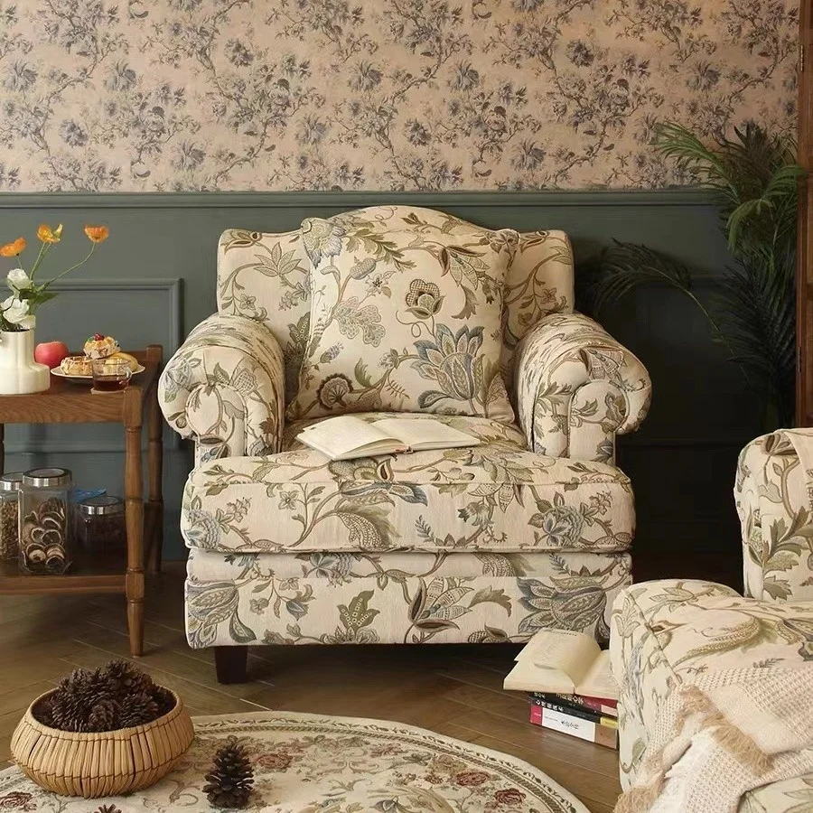 #Accent Chair Floral Print Fabric Rolled Arms Scalloped Back Plush CushionsSolid Wood Legs Country Cottage Living Room Furniture