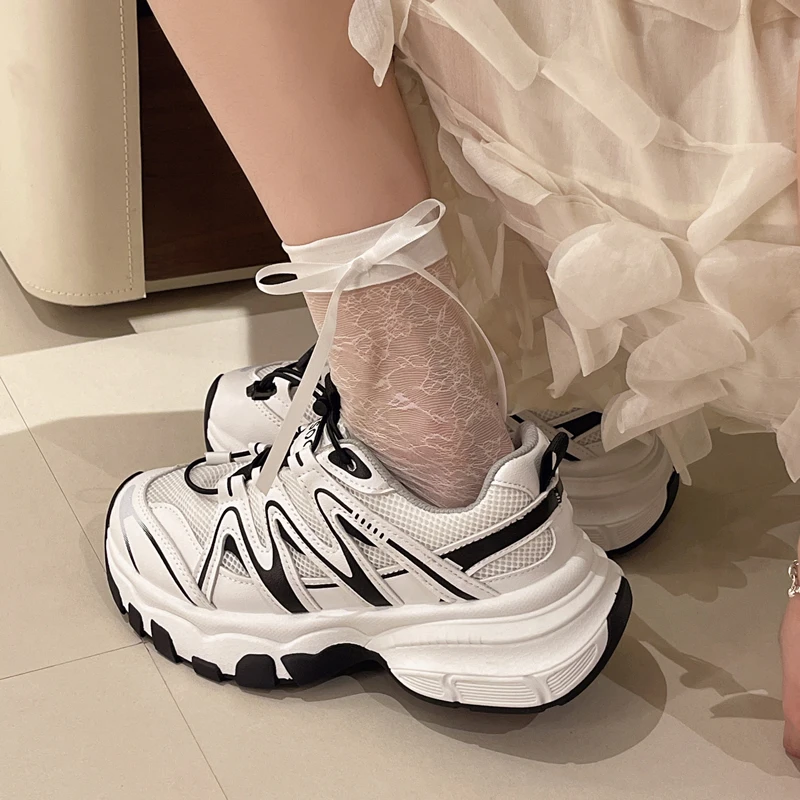 2024 New Spring Autumn Women Mesh Breathable Casual Shoes Lace up Color Matching Round Toe Thick Heels Leather Sneakers Unisex