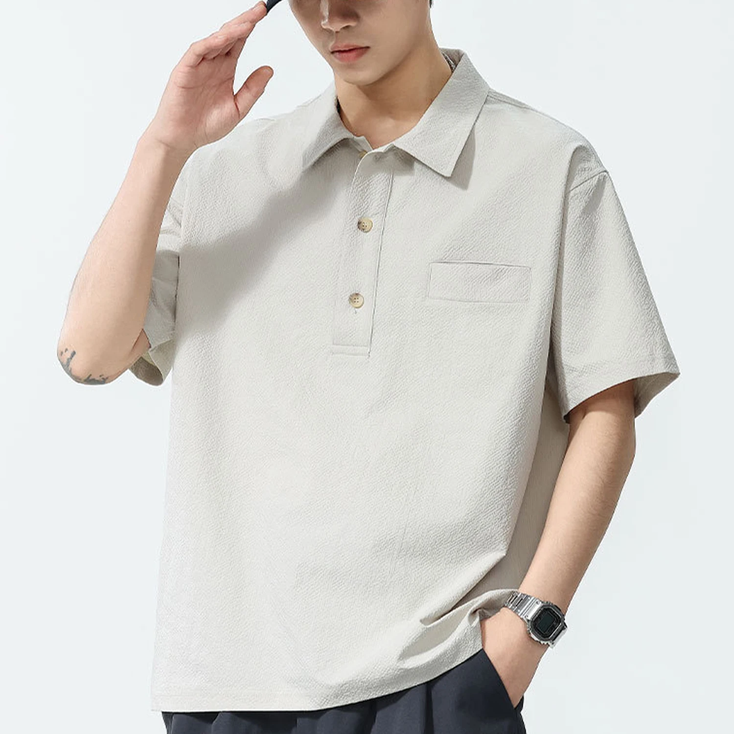 New Thin Quick Drying Foam Gauze Short Sleeved Polo Shirt for Men, Loose and Cool Outdoor Half Sleeved T-shirt, Black Shirt