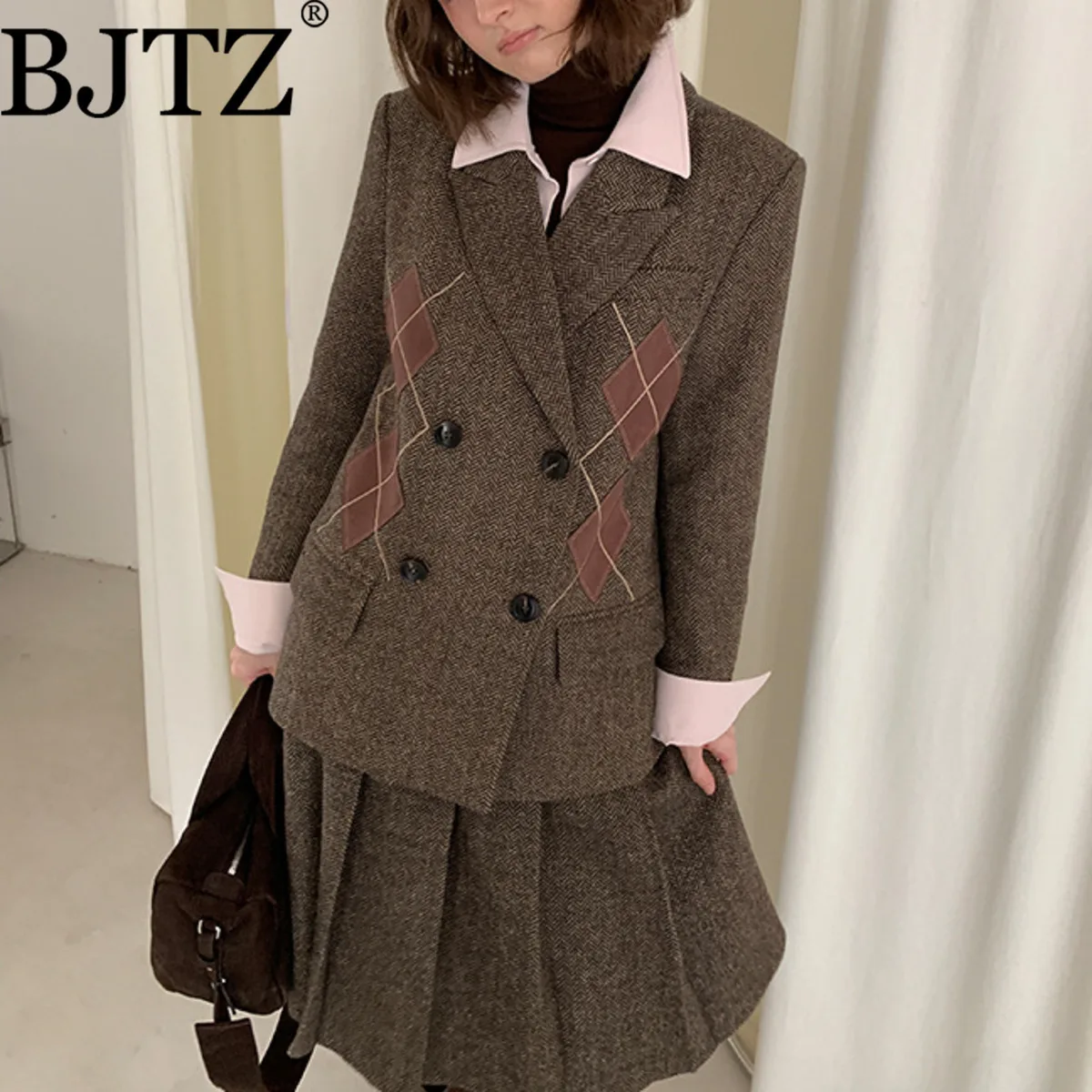 

BJTZ женский винтажный стеганый шерстяной пиджак в британском стиле, зимнее теплое твидовое пальто, элегантная верхняя одежда в стиле ретро