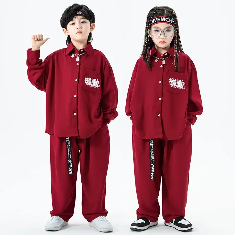 

Girls Street Dance Red Shirt Long Sleeve Hip Hop Clothes Sets Kids Cool Jazz Loose Sport Pants Teen Streetwear Costume 3-16 Year