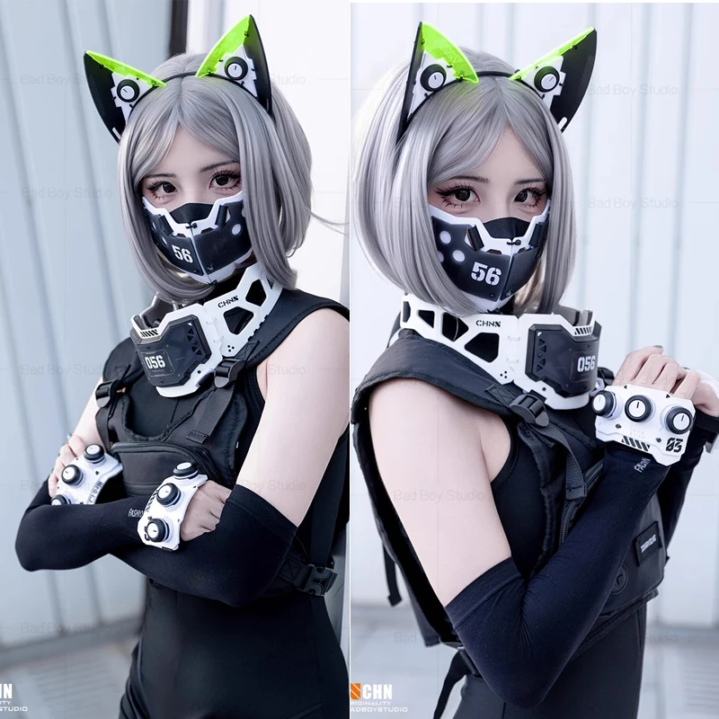 أنيمي CyberPunk تأثيري قناع آذان القط القبعات الخيال العلمي الميكانيكية Mechs قناع مهرجان الموسيقى ازياء اكسسوارات قناع الهالوين #6