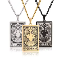 12 Zodiac Sign Necklace For Women Men Horoscope Square Tarot Pendant Necklace Stainless Steel 12 Constellation Jewelry Wholesale