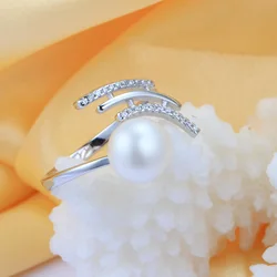 YWYC 8-9mm Natural Freshwater Pearl Rings for Women 925 Sterling Silver Crystal Zircon Adjustable Rings Jewlery Gift Wholesale