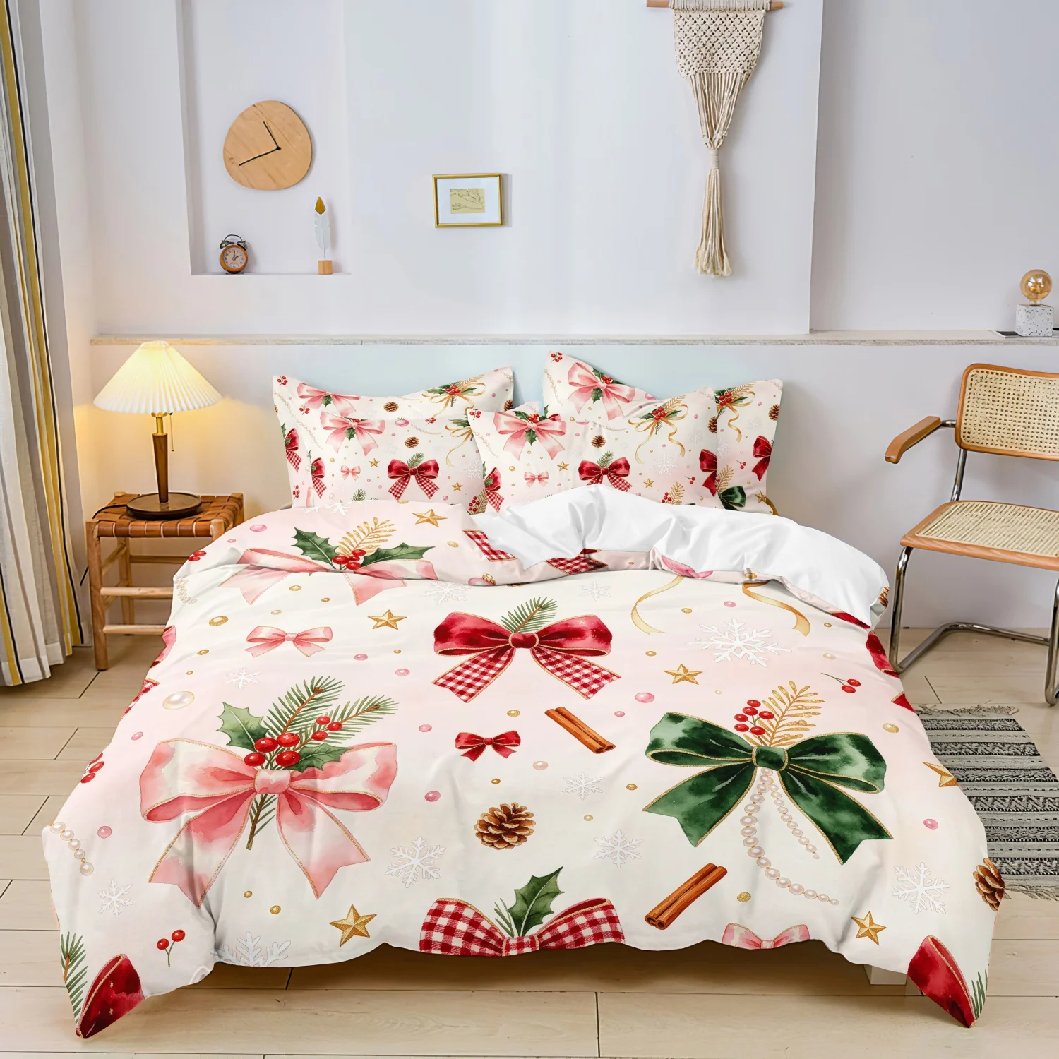 3Pcs Duvet Cover Set, Watercolor Christmas Bow Holly Pinecone Snowflake Cinnamon Stick Print Bedding, Pink Holiday Bedroom Decor