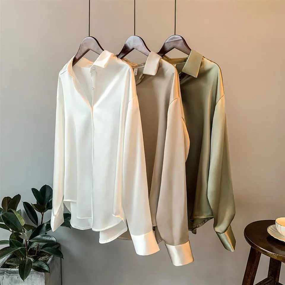 SUSOLA Silk Korean Office Ladies Elegant Shirt Blouse Women Trend Button Up Satin Shirt Vintage White Long Sleeve Shirts Tops