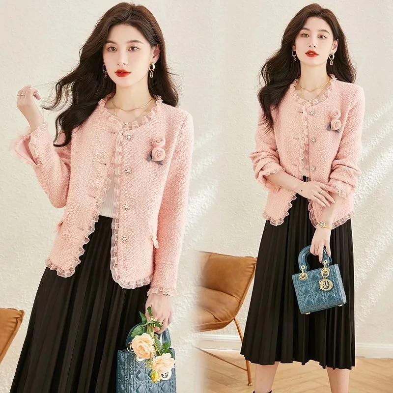 

Women's Coat Jacket Pink Flower Coats Women Spring New Celebrity Luxury Soft Spliced French Top Ladies Short Jackets