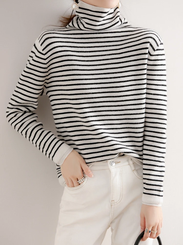 Striped Turtleneck Sweater for Women Autumn and Winter 2024 New Western Style Top Pile Collar Thickened Inner Wear Wool Sweater