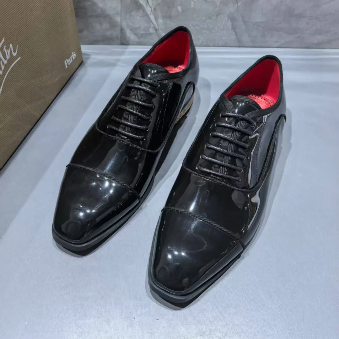 Lace-Up Red Sole Single Shoes Male Square Toe Red Lining Chaussur Metal Heel Chunky Low Heels Black Patent Leather Shoes For Men view 5