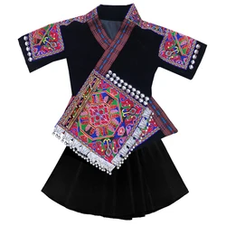 Chinese Folk Dance Spring Autumn Hmong Clothes Tops Skirt Embroidered Stage Performance Costume Miao Clothing Festival Outfit