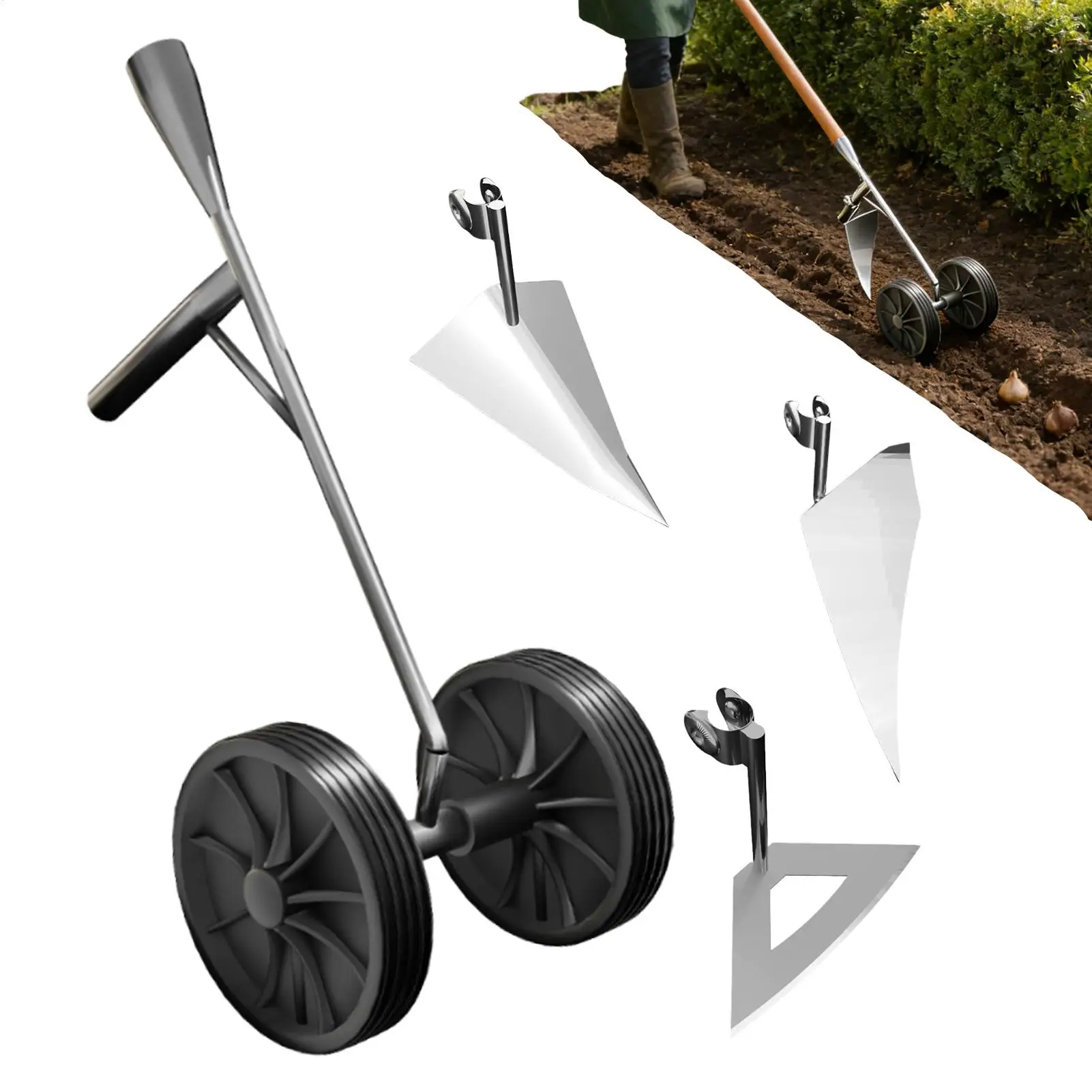 Household Hand-Pushed Hoe With 2-wheel Auxiliary Ditching Tool Triangular/ Hollow/ Eccentric Plow For Weeding Loosening soil
