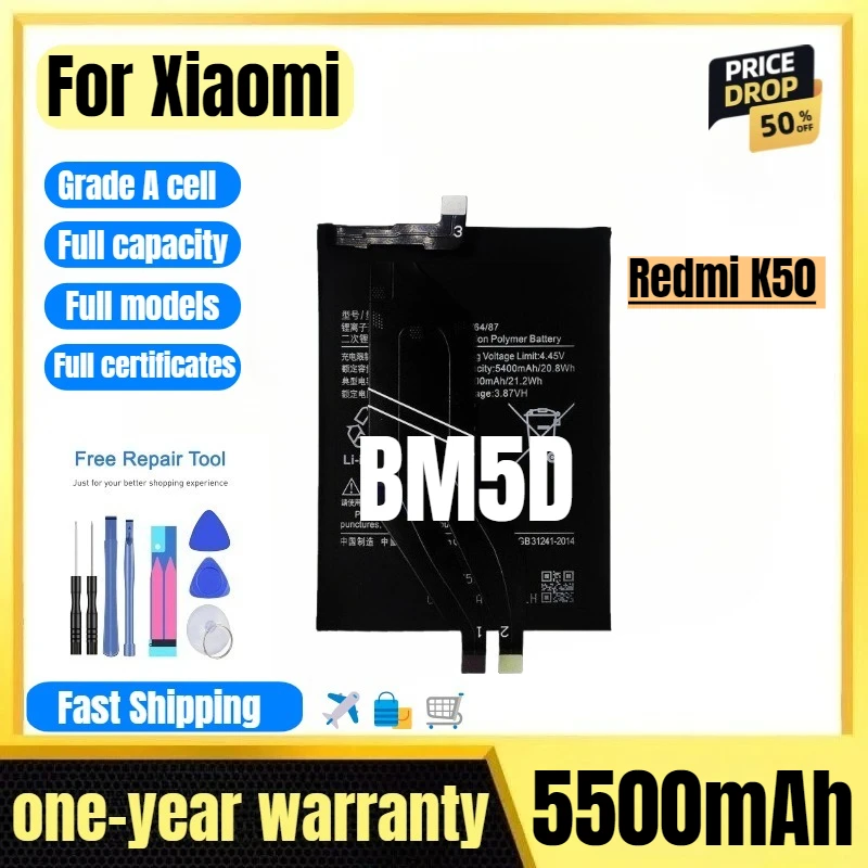 

BM5D for Xiaomi Redmi K50 Mobile Phone Battery High Quality High Capacity Battery Replacement Bateria Grade A Cell with Tools