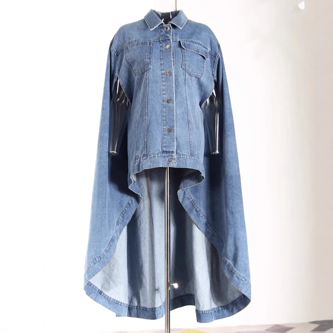 Women's 2025 Spring New Vintage Denim Coat Design Loose Single Breasted Cape Style Top Irregular Washed Distressed Denim Jacket