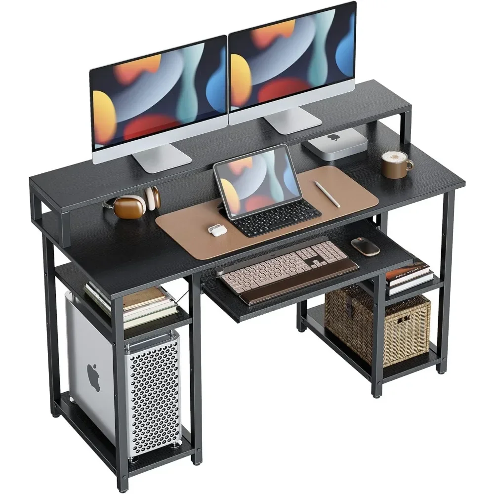 

Computer Desk with Keyboard Tray, 47 Inch Office Desk with Monitor Stand and Storage Shelves, Music Studio Desk Workstationk