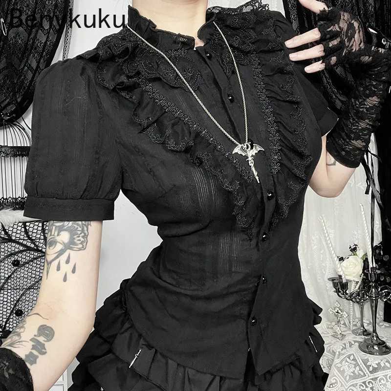 

Puff Sleeve Lace Patchwork Vintage Mall Gothic Shirt Women Dark Palace Style Streetwear Jacquard Texture Blouse Y2K Punk Shirt