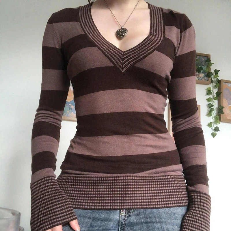 Y2K Grunge Emo 00s Vintage T Shirt Black Grey Striped V Neck Long 