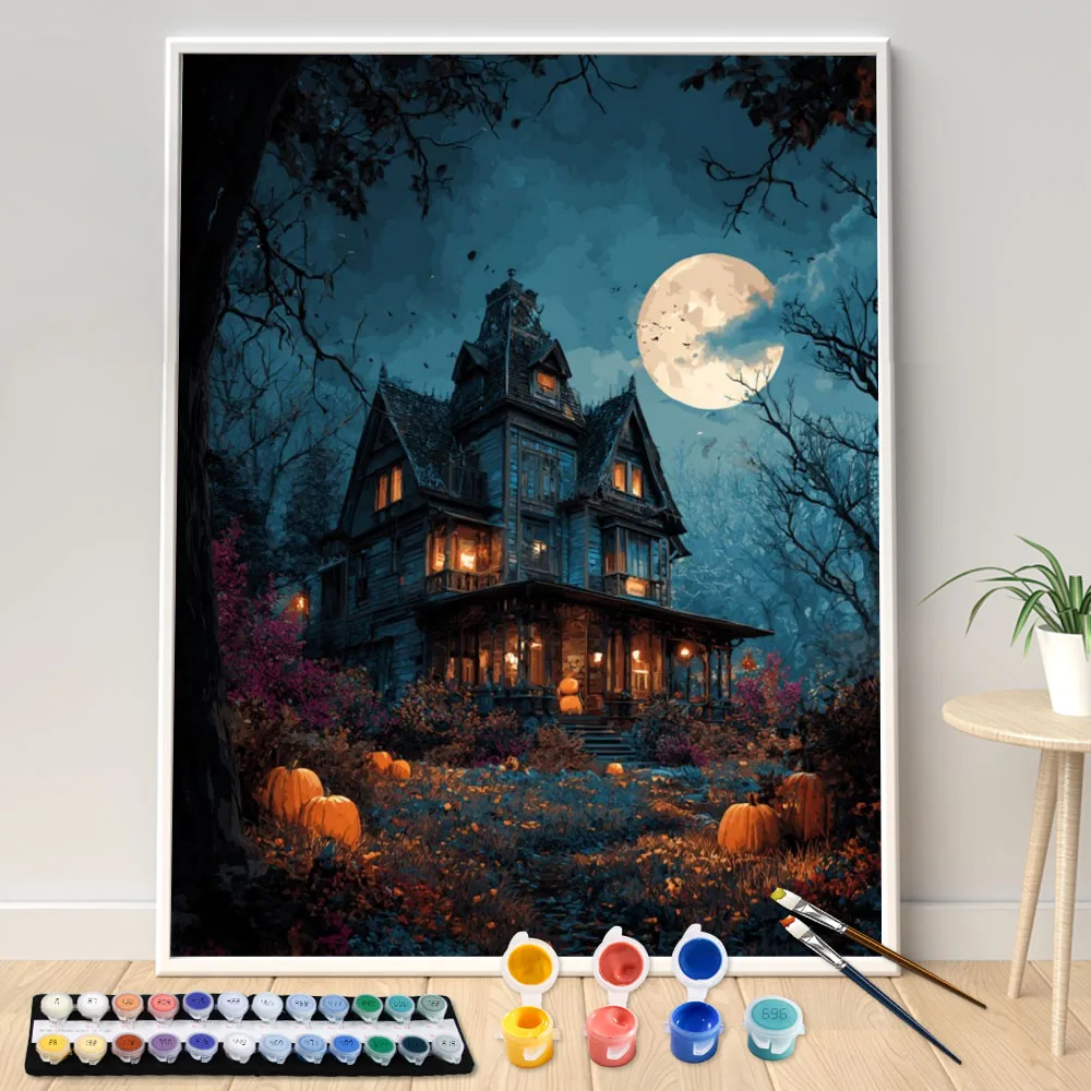 Painting by Numbers Kit DIY The houses under the moonlight of Canvas Art Hand Painting Home Decoration Personality Surprise Gift