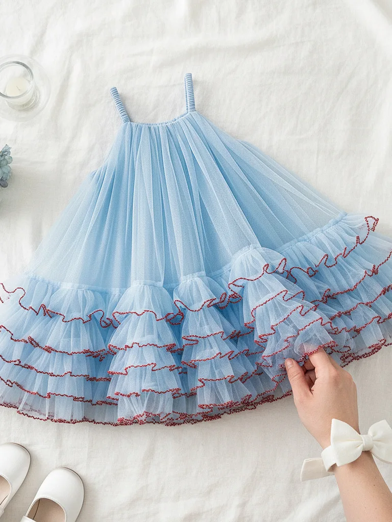 Vestido de Verão para Meninas 2026 Novo Estilo Doce com Alça de Tule e Saia Rodada Moda Infantil Confortável para o Dia a Dia...