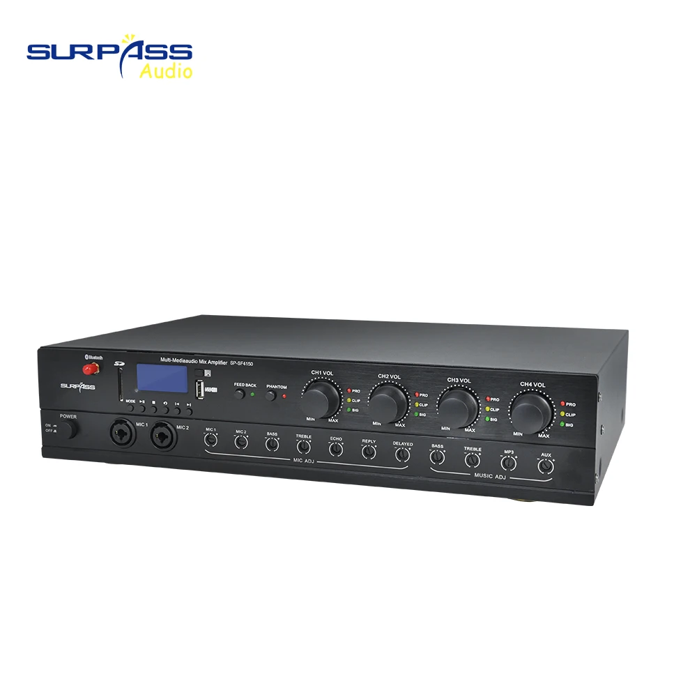 Surpass 150W 4 Channel Professional Pa System Blue-tooth Active Digital Stereo Mixer Amplifier with USB/SD/MP3/MIC