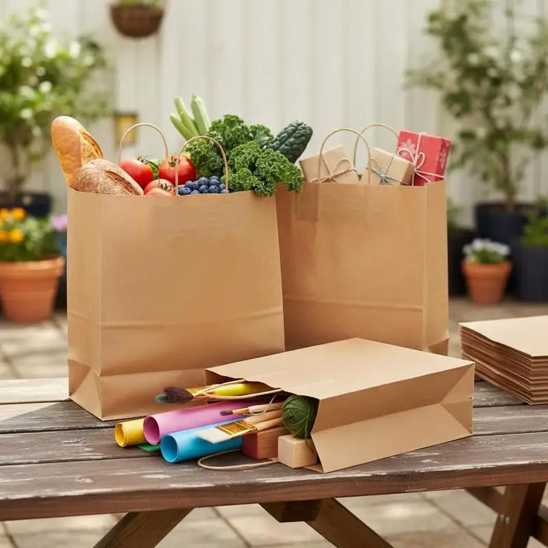 

Carrier Totes 16 x 6 x 12 in For Shopping Party Wedding, 50Pcs Large Capacity Bulk Recycled Brown Paper Sacks Reusable Square Bottom Flat Handles Package Packaging Storage Goody Craft Bags