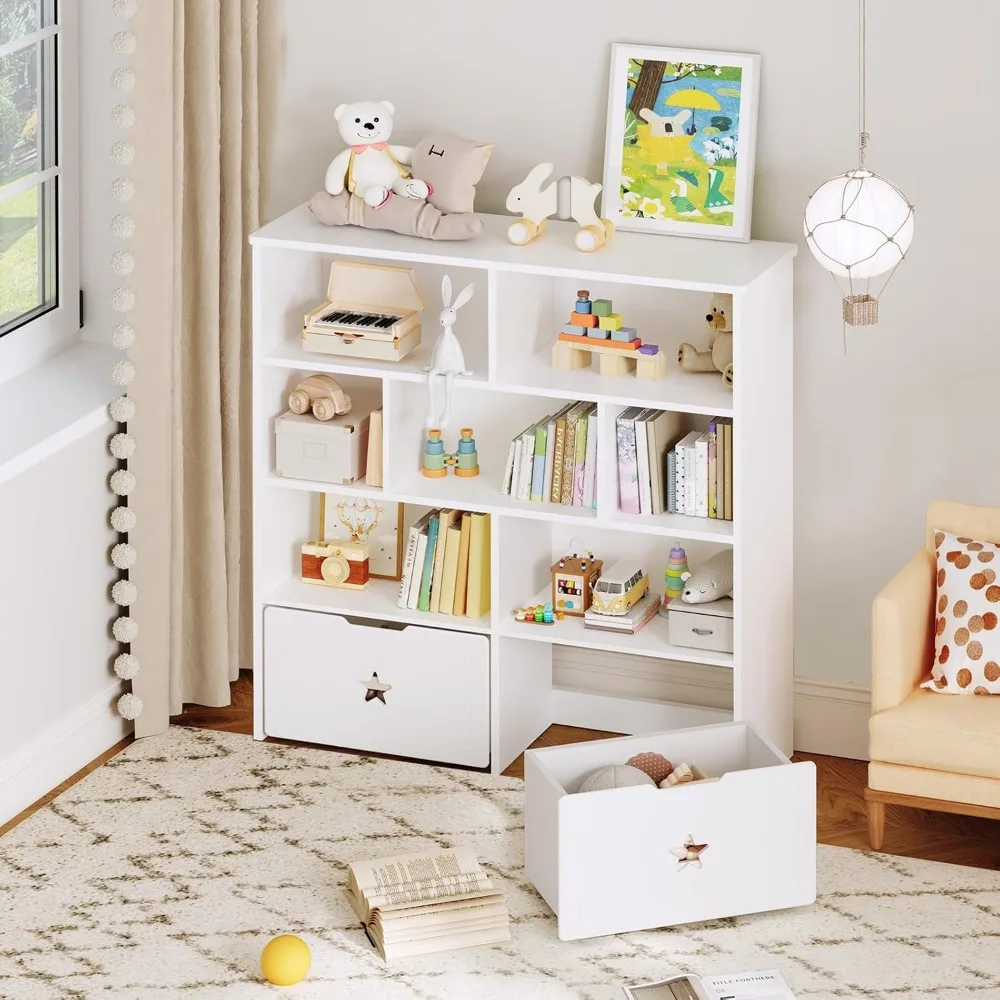 Organizer na zabawki, duży regał na książki dla dzieci i schowek na zabawki z 2 ruchomymi szufladami i 7 przegródkami, skrzynia na zabawki dla dziewczynek.