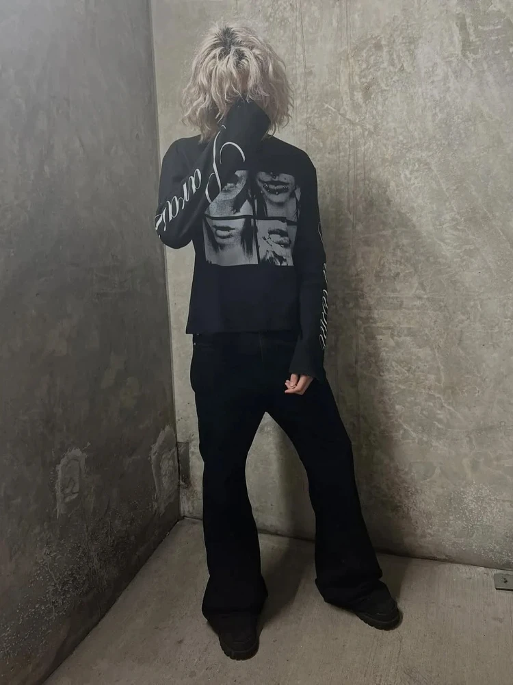 Y2K Harajuku Ästhetik Vielseitiges T-Shirt American Retro Millennium Letter Bedrucktes T-Shirt Dark Street Punk Langarm Damen Top